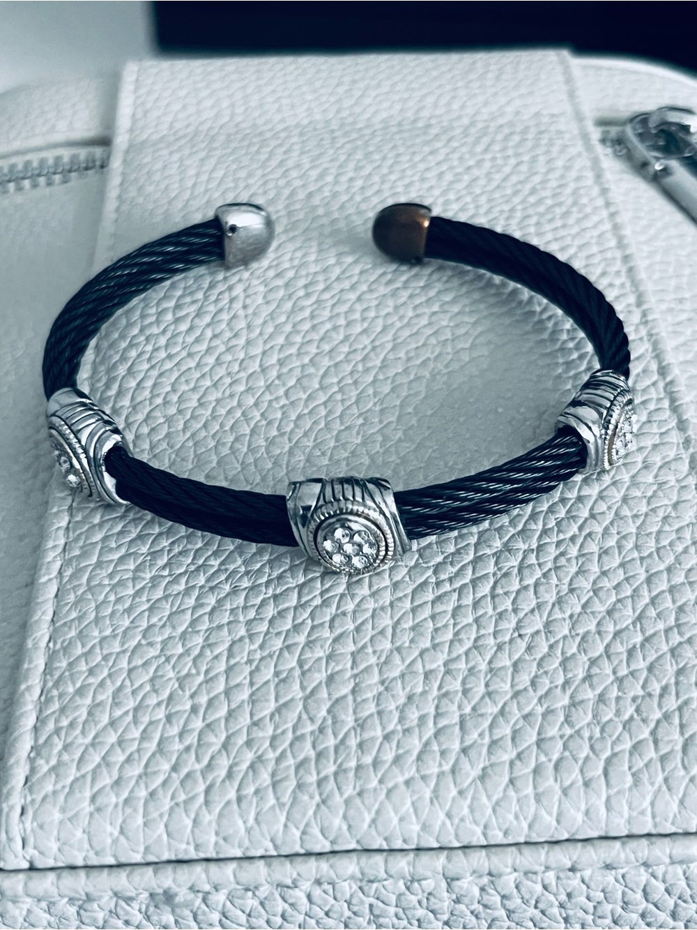 Black Cable Cuff Bracelet with Silver Accents